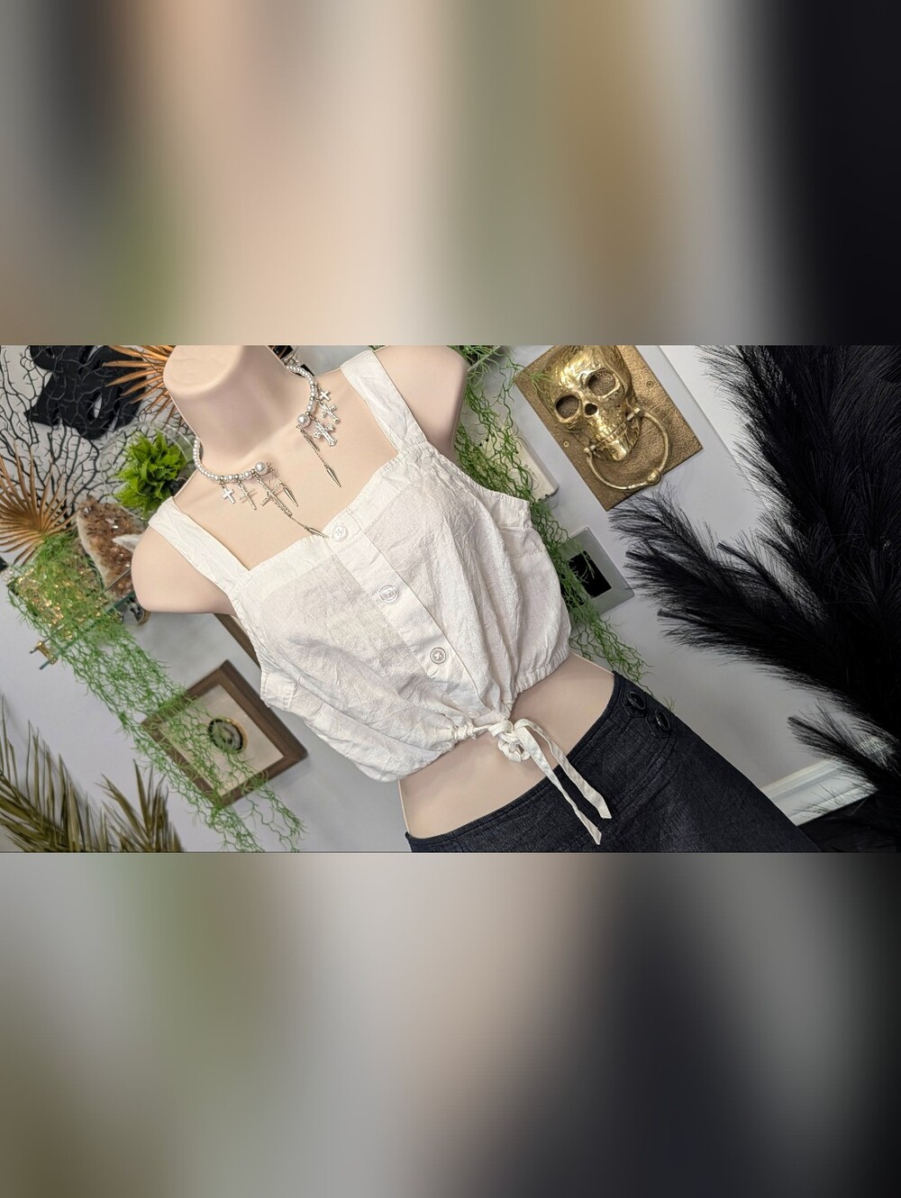 A New Day White Boho Linen Crop Top XS